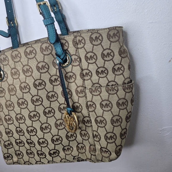 Teal & Tan Michael Kors Jet Set Purse Handbag - Picture 3 of 8